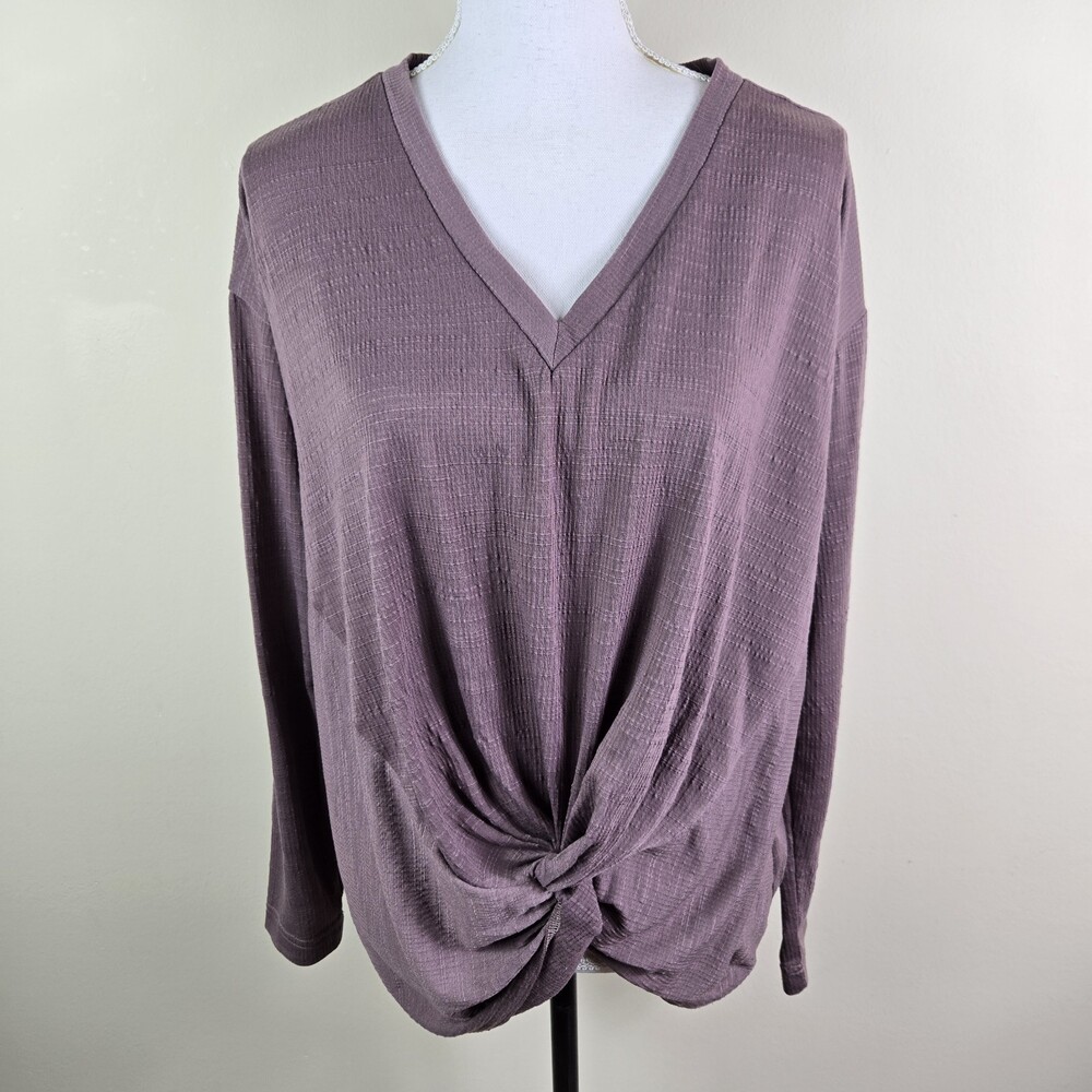 Kuhl Womens Top M Mauve Purpleish V Neck Relaxed Fit Twistee Knot Hem Shirt
